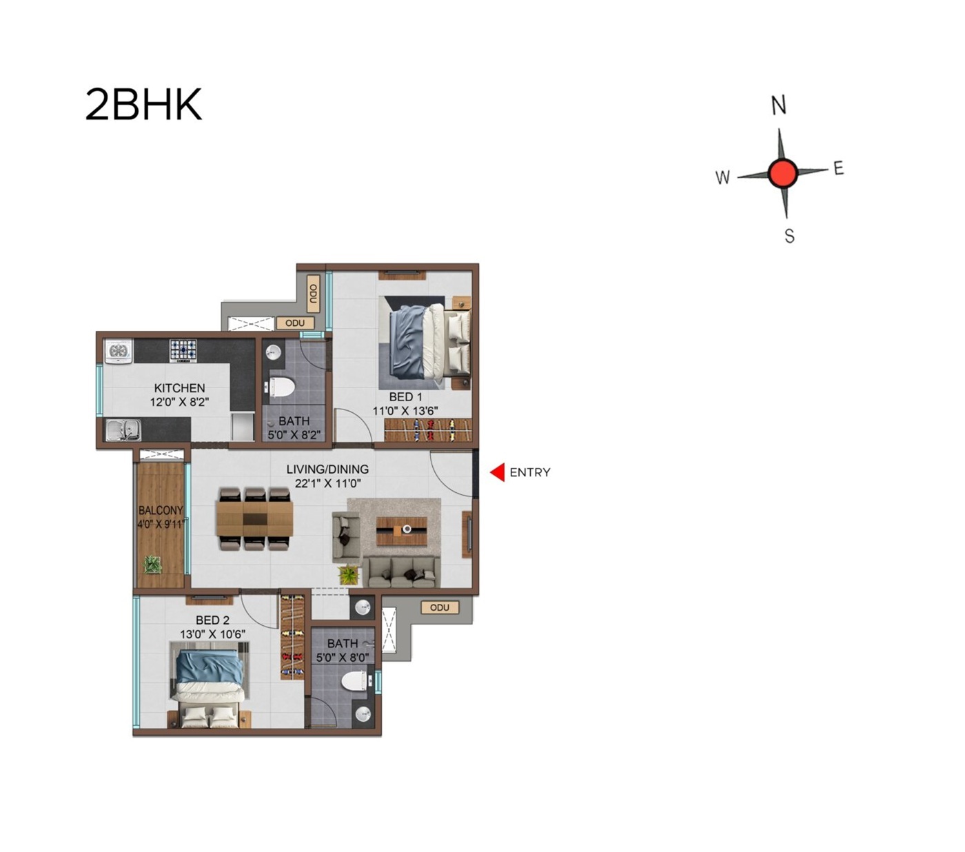2 BHK Floor Plan - 1109 Sq. Ft.
