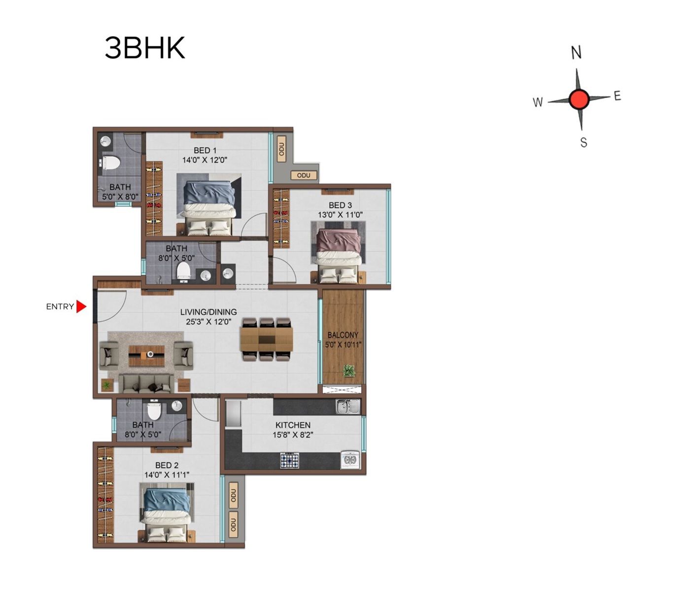 3 BHK Floor Plan - 1291 to 1636 Sq. Ft.